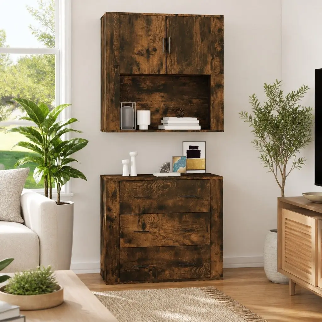 Wall Cabinet Hanging Storage Smoked Oak Engineered Wood 80x33x80 cm Organiser