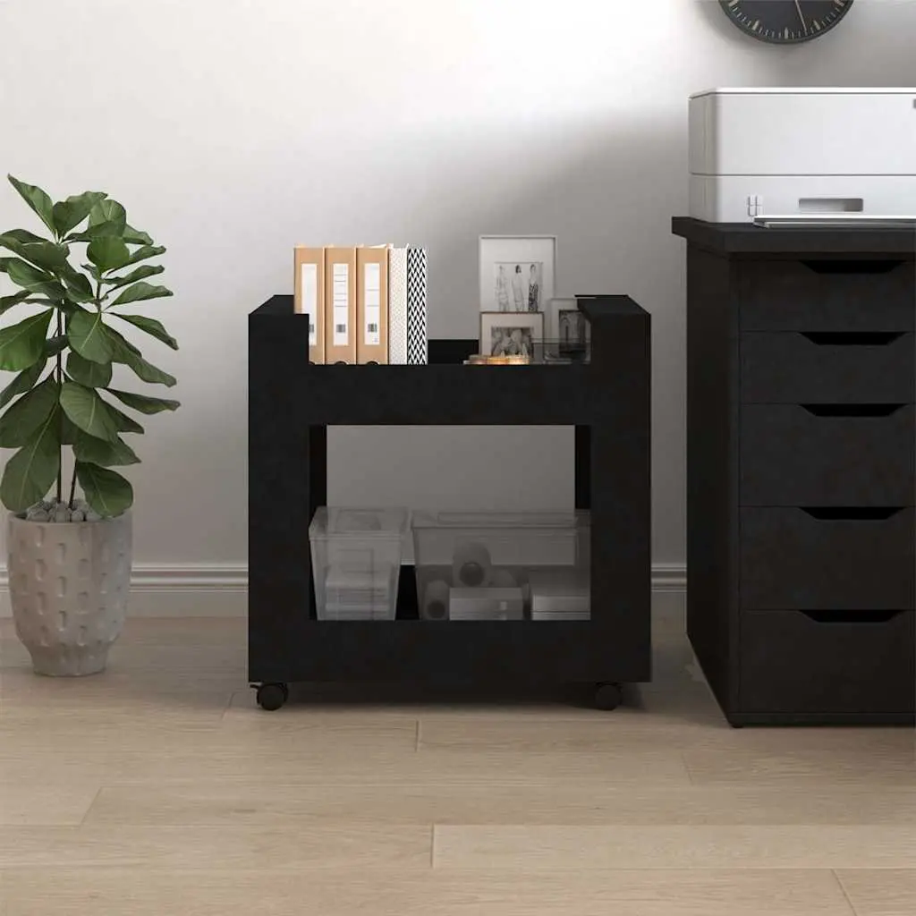 Desk Trolley Black Engineered Wood 60x45x60cm Rolling Storage Shelves