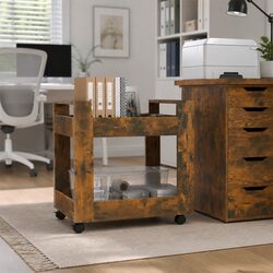 Desk Trolley 60x45x60 cm Smoked Oak Open Shelves Storage Mobile Casters Brown