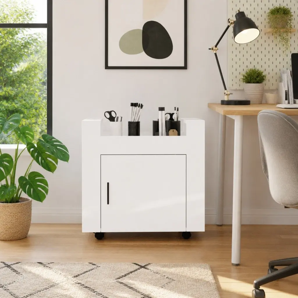 Desk Trolley Mobile Storage Cart White 60x45x60cm with Door and Casters