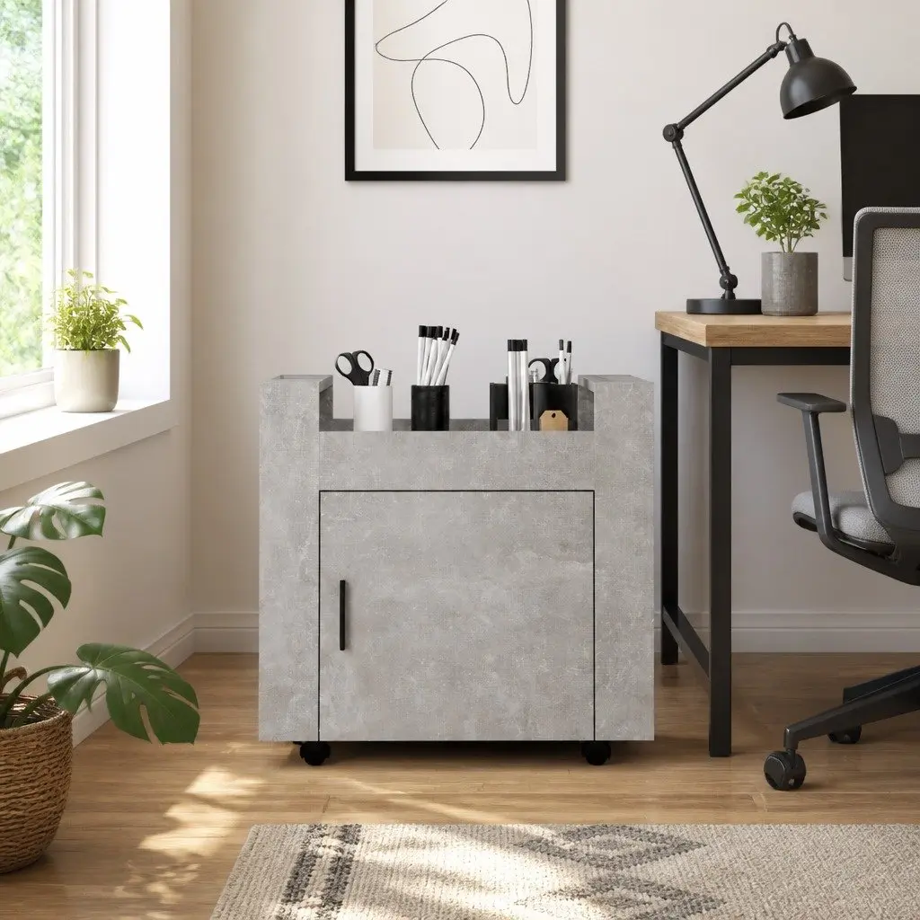 Desk Trolley Grey Engineered Wood Mobile Storage Cabinet 60x45x60cm