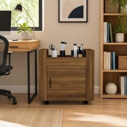Desk Trolley Brown Oak Storage Cabinet on Wheels Office Furniture Organiser