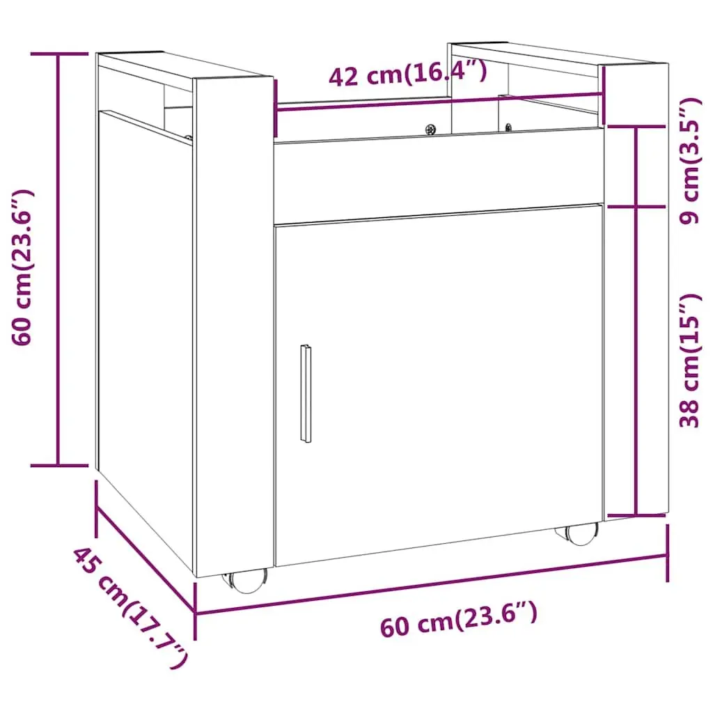 Desk Trolley Brown Oak Storage Cabinet on Wheels 60L x 45W x 60H cm
