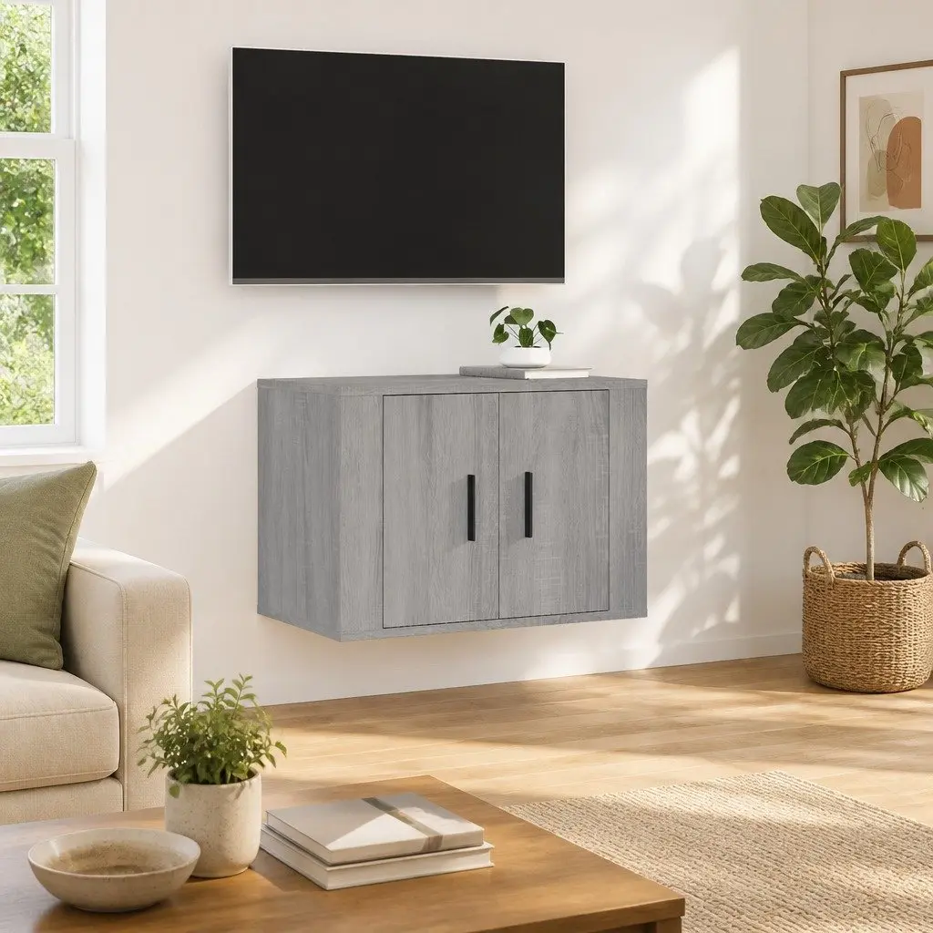 Wall Mounted TV Cabinet Grey Storage Unit Media Shelving Compartment