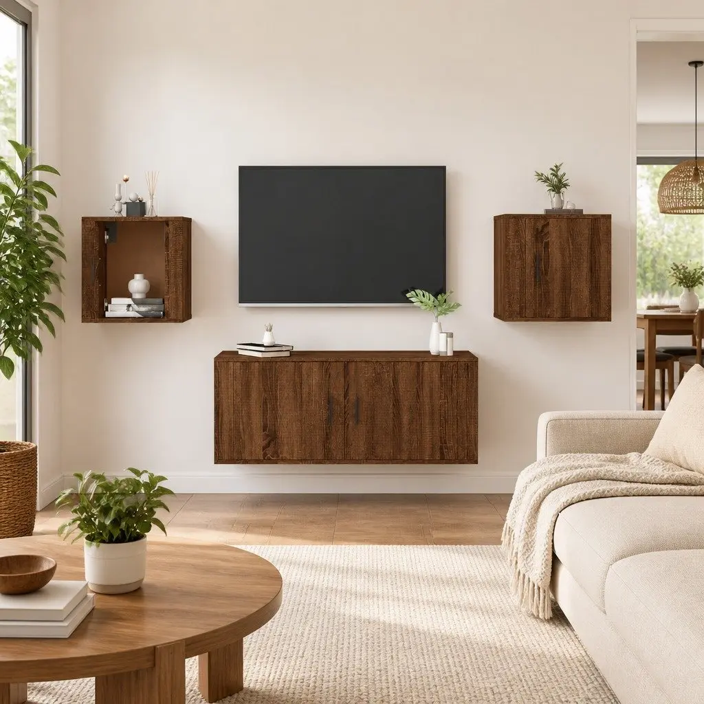 Wall Mounted TV Cabinet Brown Oak Storage Media Unit 2 pcs