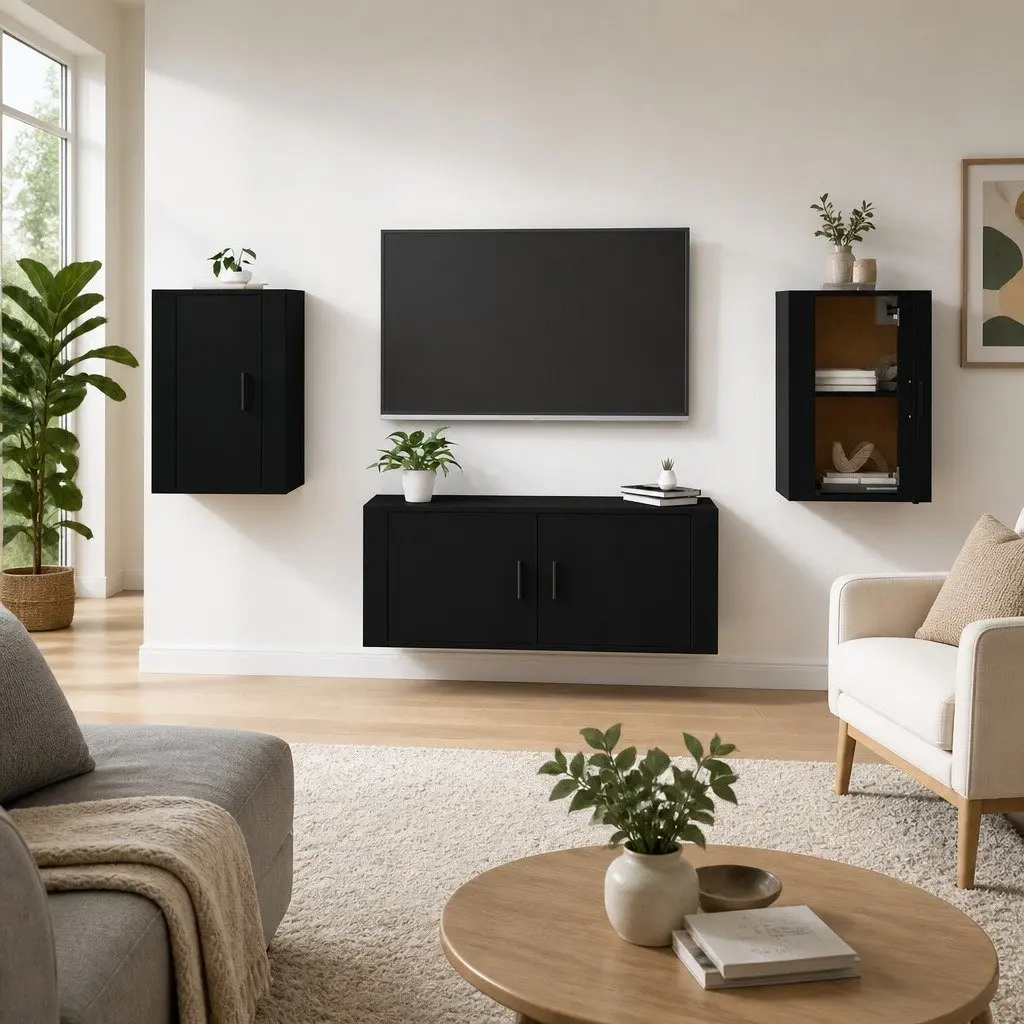 Wall Mounted TV Cabinet Black Storage Unit Media Organiser Display Shelf Home