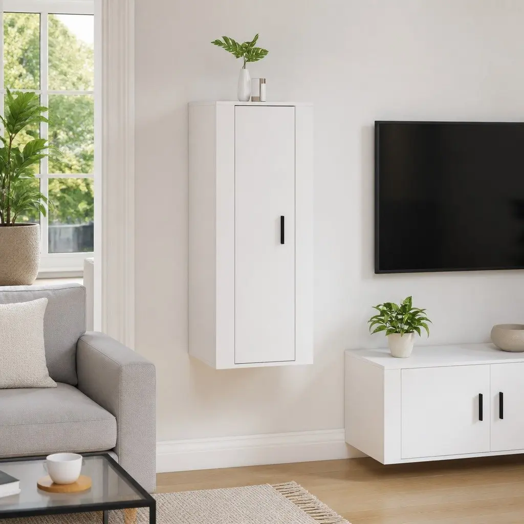 White Wall Mounted TV Storage Cabinet Engineered Wood Media Organizer 40x34.5x100cm
