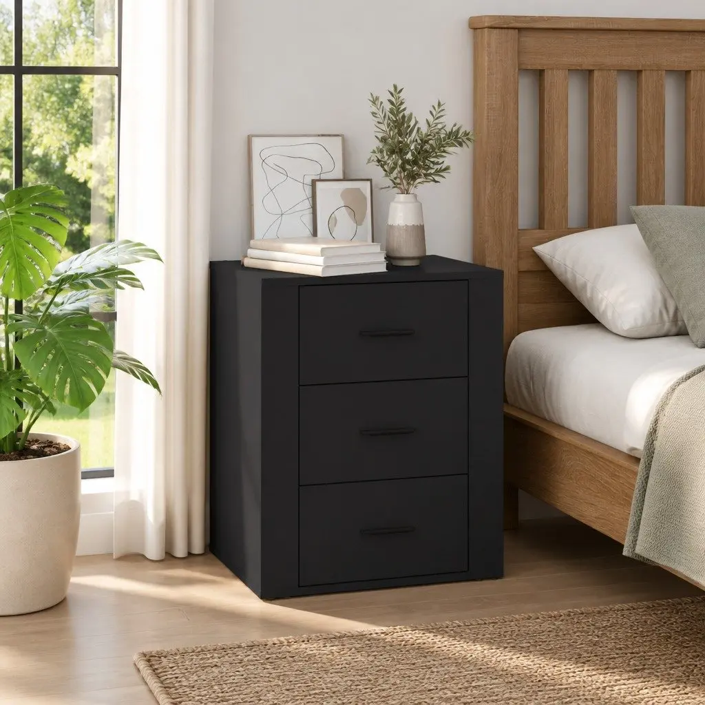 Bedside Cabinet Black Engineered Wood 50x36x60 cm 3 Drawer Storage