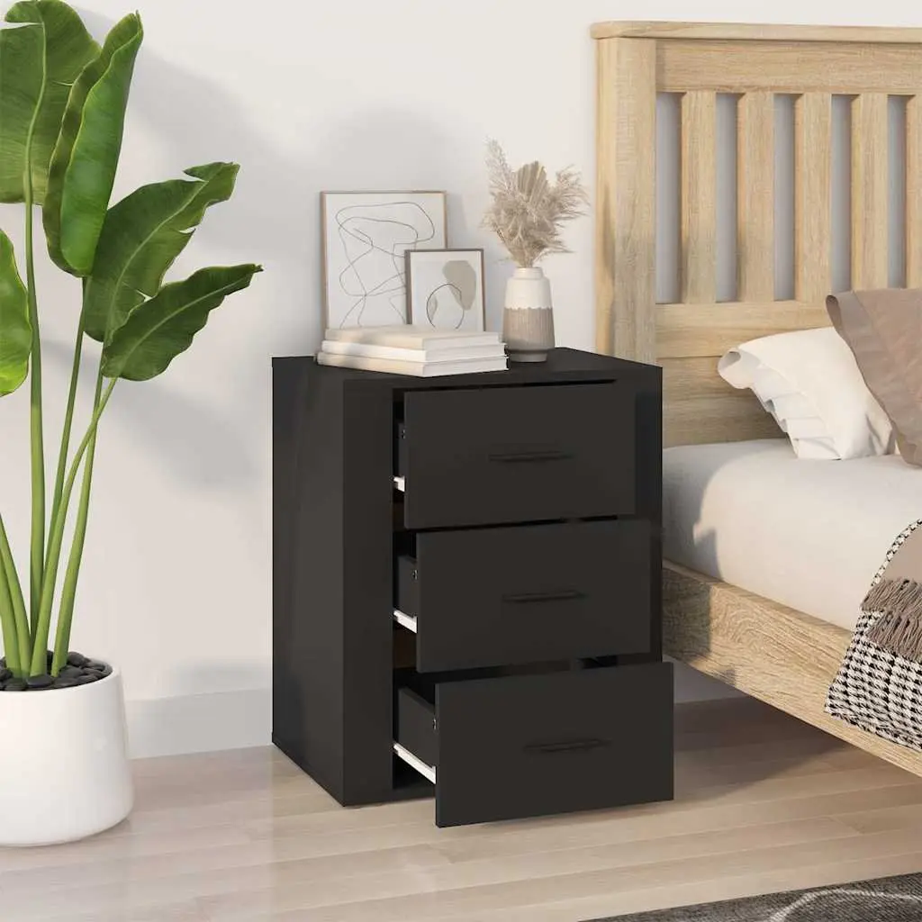Bedside Cabinet Black Engineered Wood 50x36x60 cm 3 Drawer Storage