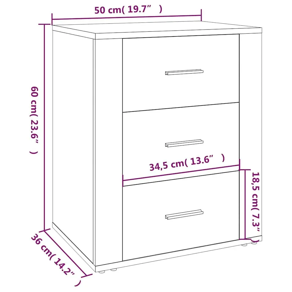 Bedside Cabinet Black Engineered Wood 50x36x60 cm 3 Drawer Storage