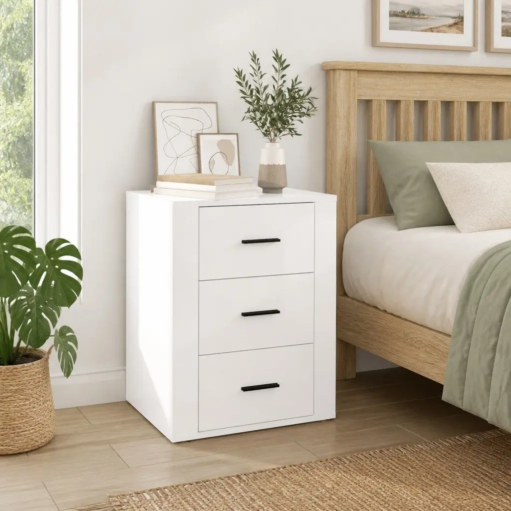 Bedside Cabinet 50x36x60cm High Gloss White 3 Drawer Nightstand Storage Table