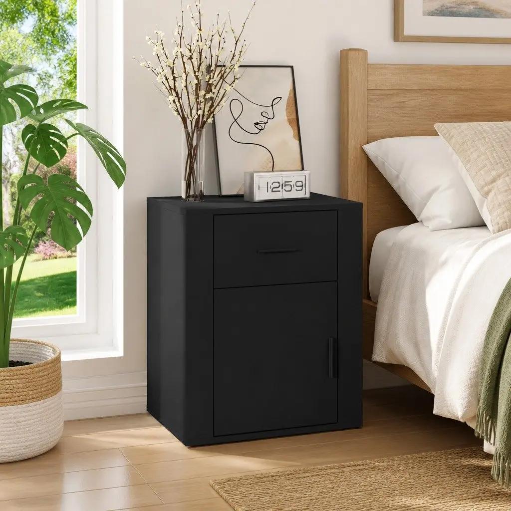 Bedside Cabinet Black Engineered Wood Storage Drawer Door Compartment 50x36x60cm