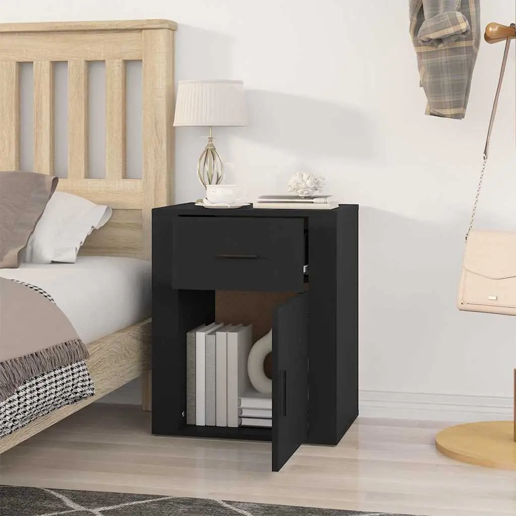 Bedside Cabinet Black Engineered Wood Storage Drawer Door Compartment 50x36x60cm