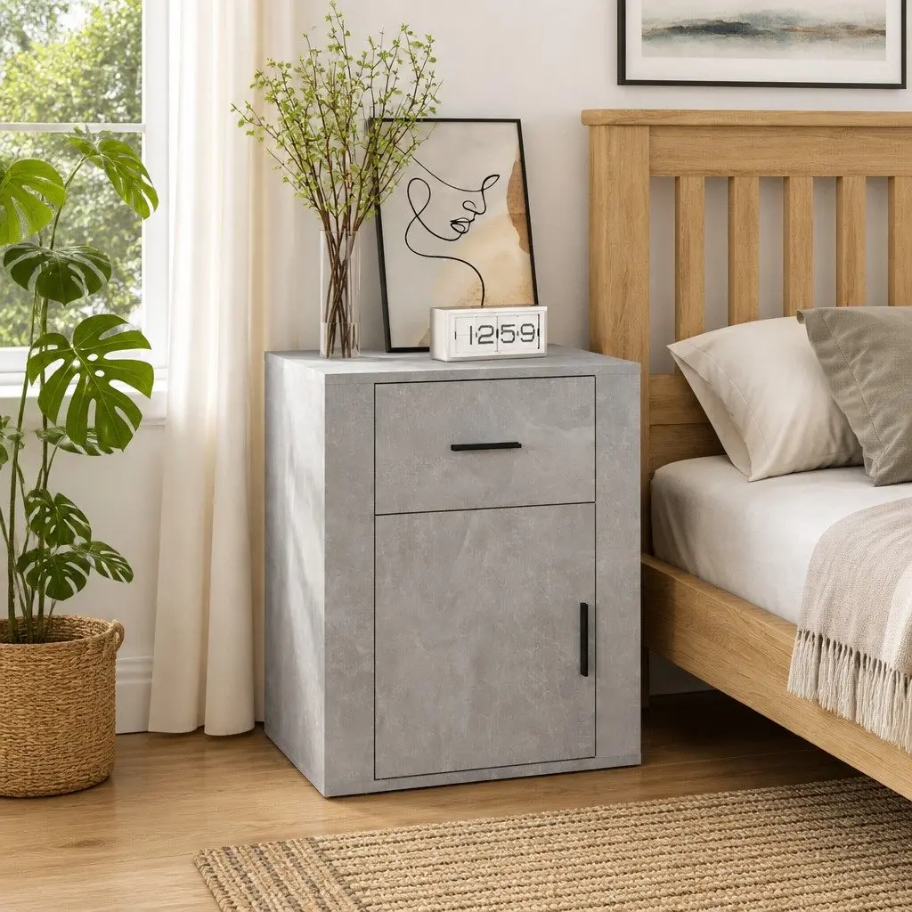 Bedside Cabinet Grey Nightstand Storage Drawer Door Compartment Furniture