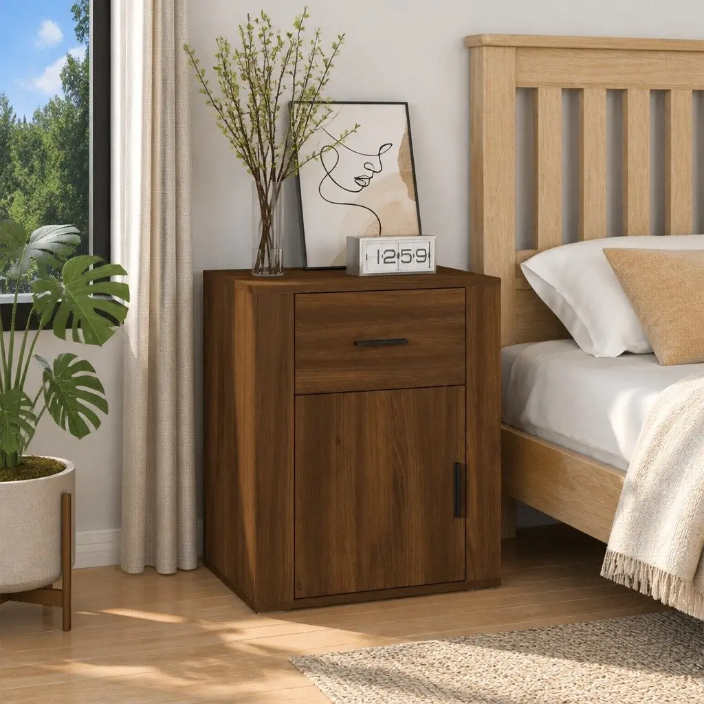 Bedside Nightstand Engineered Wood with Drawer Brown Oak 50x36x60cm