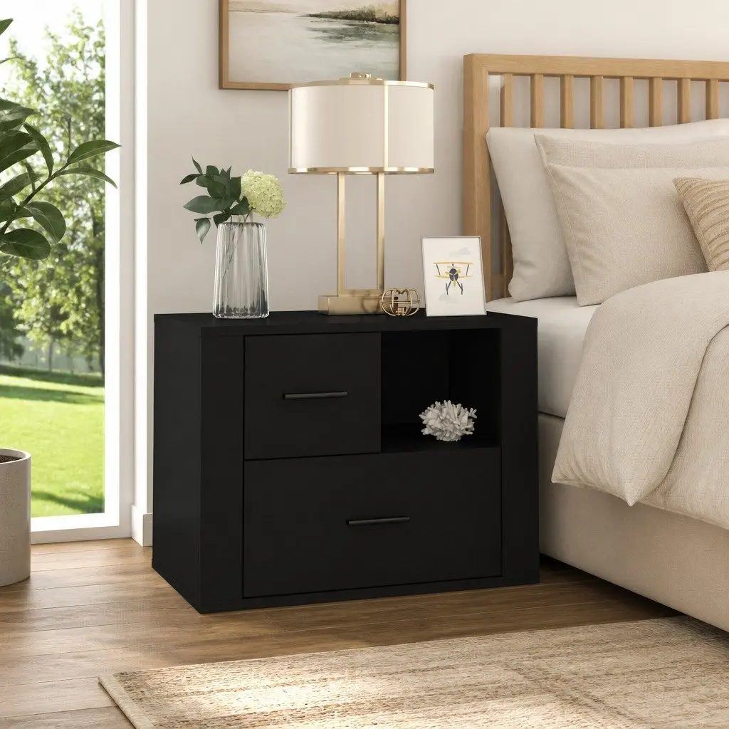 Bedside Cabinet Black 60x36x45cm Nightstand with 2 Drawers and 1 Compartment for Storage