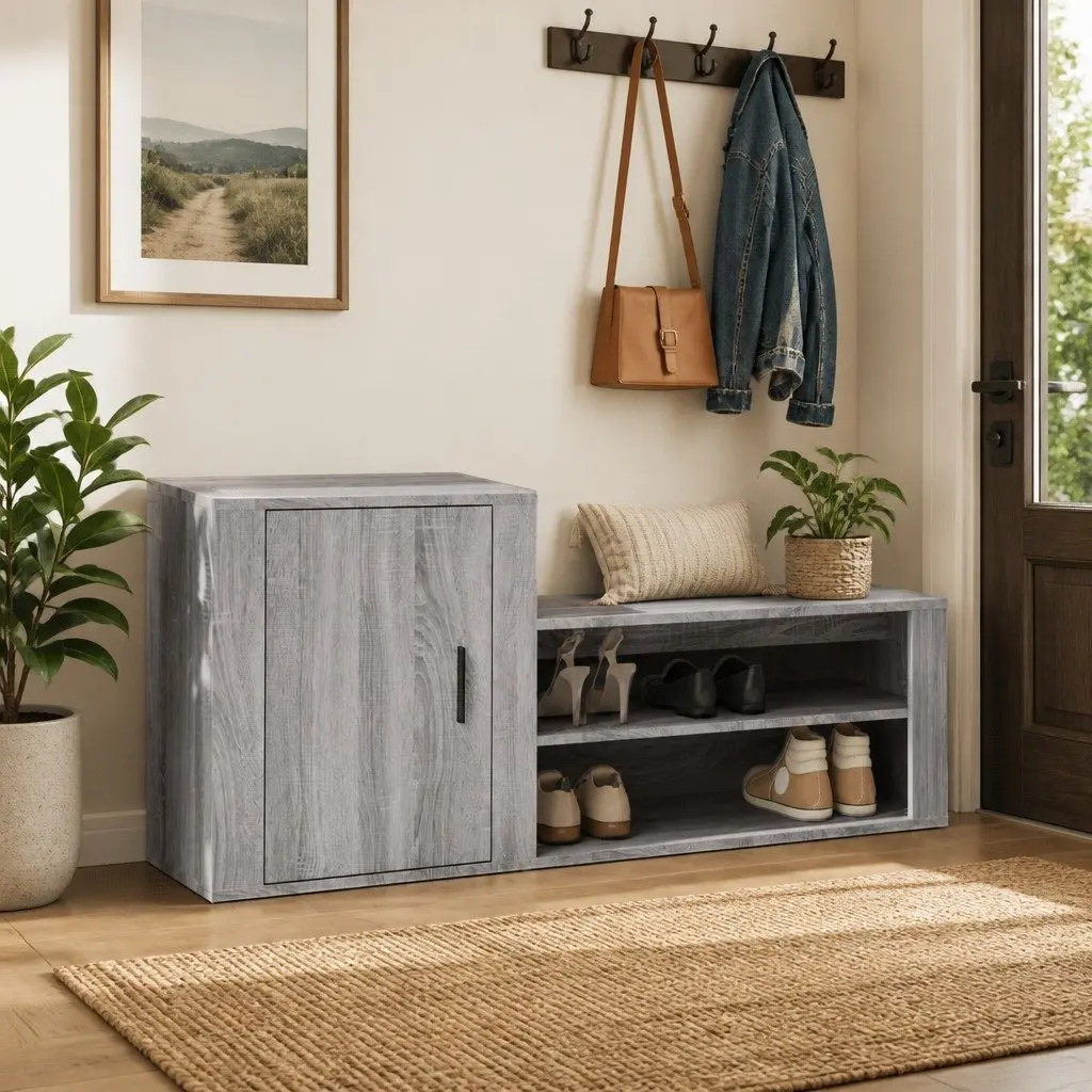 Shoe Cabinet Grey Engineered Wood 2 Compartments Storage Organiser Hall Wardrobe