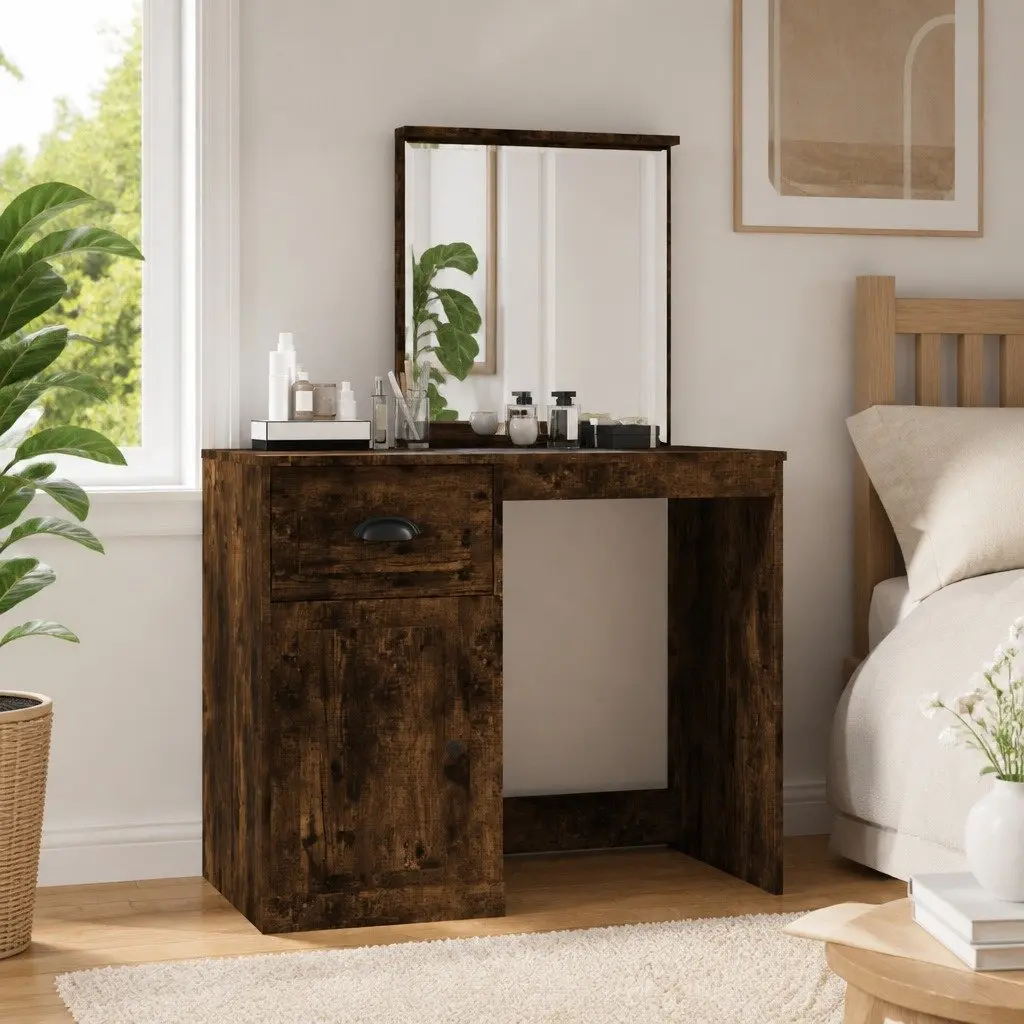 Dressing Table with Mirror Brown Engineered Wood Makeup Desk 90 x 50 x 132.5 cm