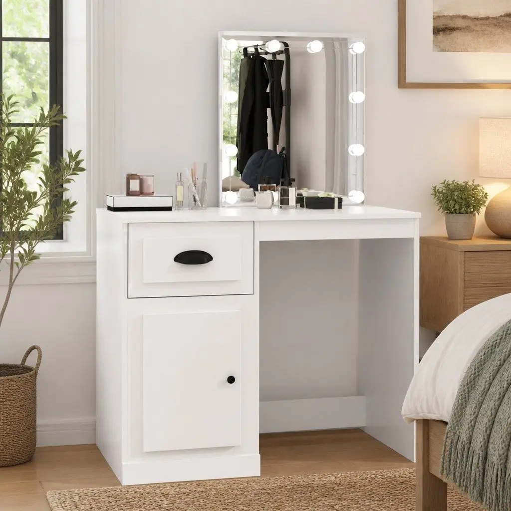 Dressing Table White LED Mirror Makeup Desk Storage Unit 90x50x1325cm