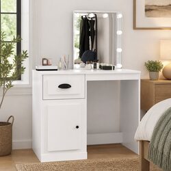 Dressing Table with LED Mirror White Bedroom Vanity Makeup Desk Storage Unit