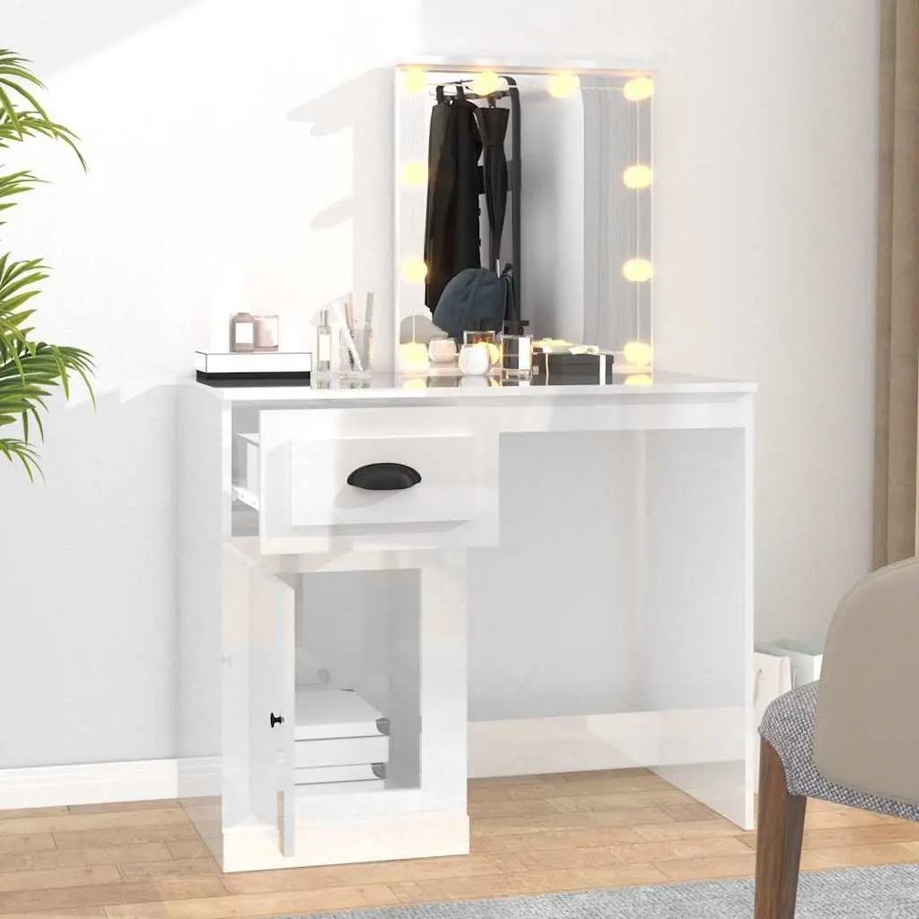 Dressing Table with LED Mirror White High Gloss Vanity Makeup Desk Bedroom