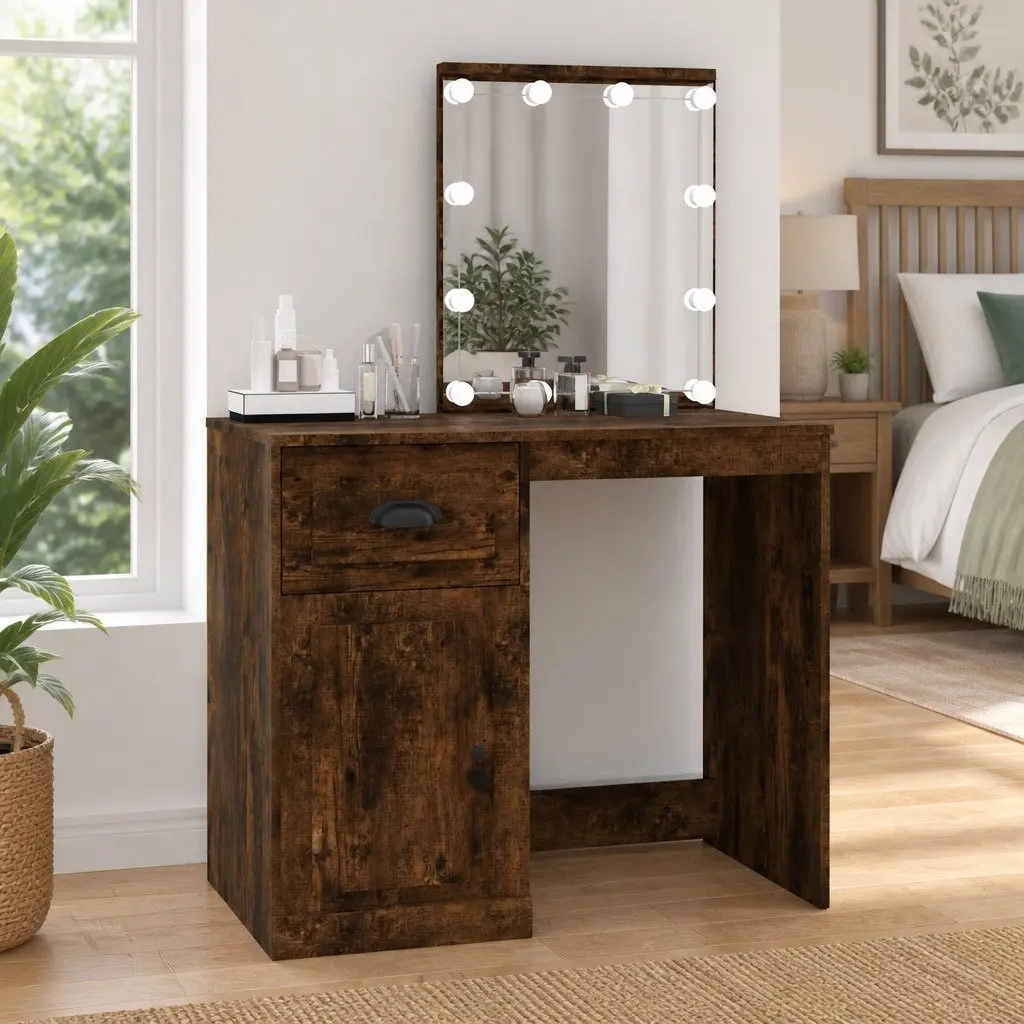 Dressing Table LED Mirror Smoked Oak Bedroom Vanity Makeup Desk 90 x 50 x 132.5 cm