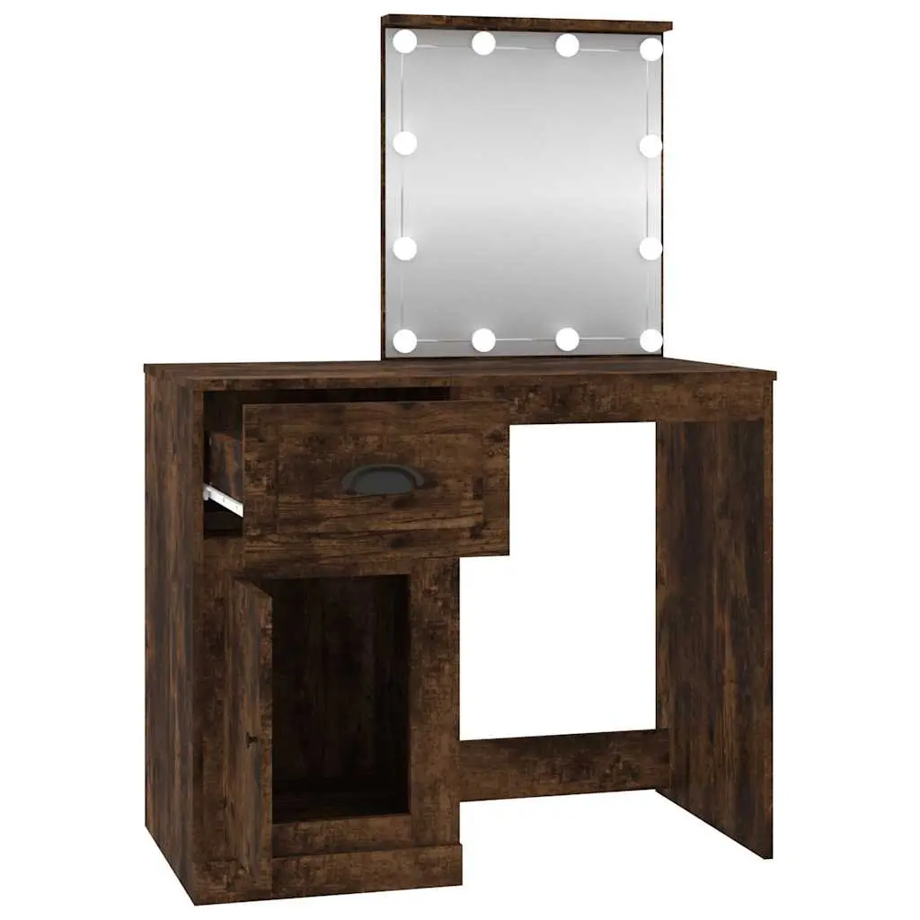 Dressing Table LED Mirror Smoked Oak Bedroom Vanity Makeup Desk 90 x 50 x 132.5 cm