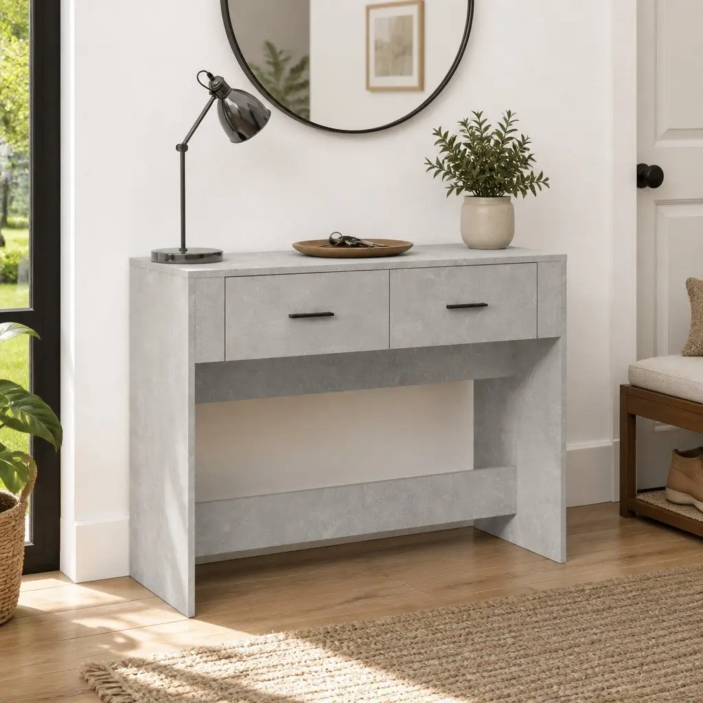 Console Table Grey Engineered Wood 100W x 39D x 75H cm with 2 Drawers