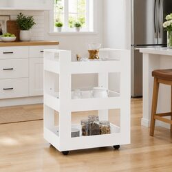 Kitchen Trolley White 3-Shelf Storage Cart Engineered Wood 60x45x80 cm Wheels