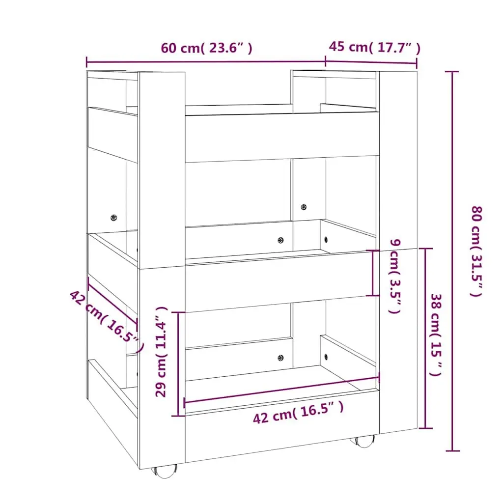 Kitchen Trolley White 3 Shelf 60x45x80cm Mobile Serving Organiser