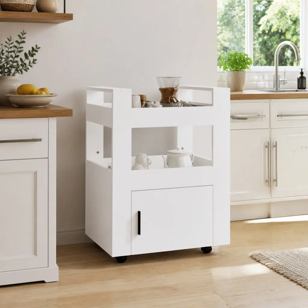 Kitchen Trolley White Storage Organizer with 2 Shelves and 1 Compartment 60x45x80 cm