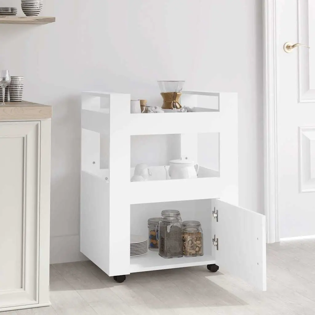 Kitchen Trolley White Storage Organizer with 2 Shelves and 1 Compartment 60x45x80 cm