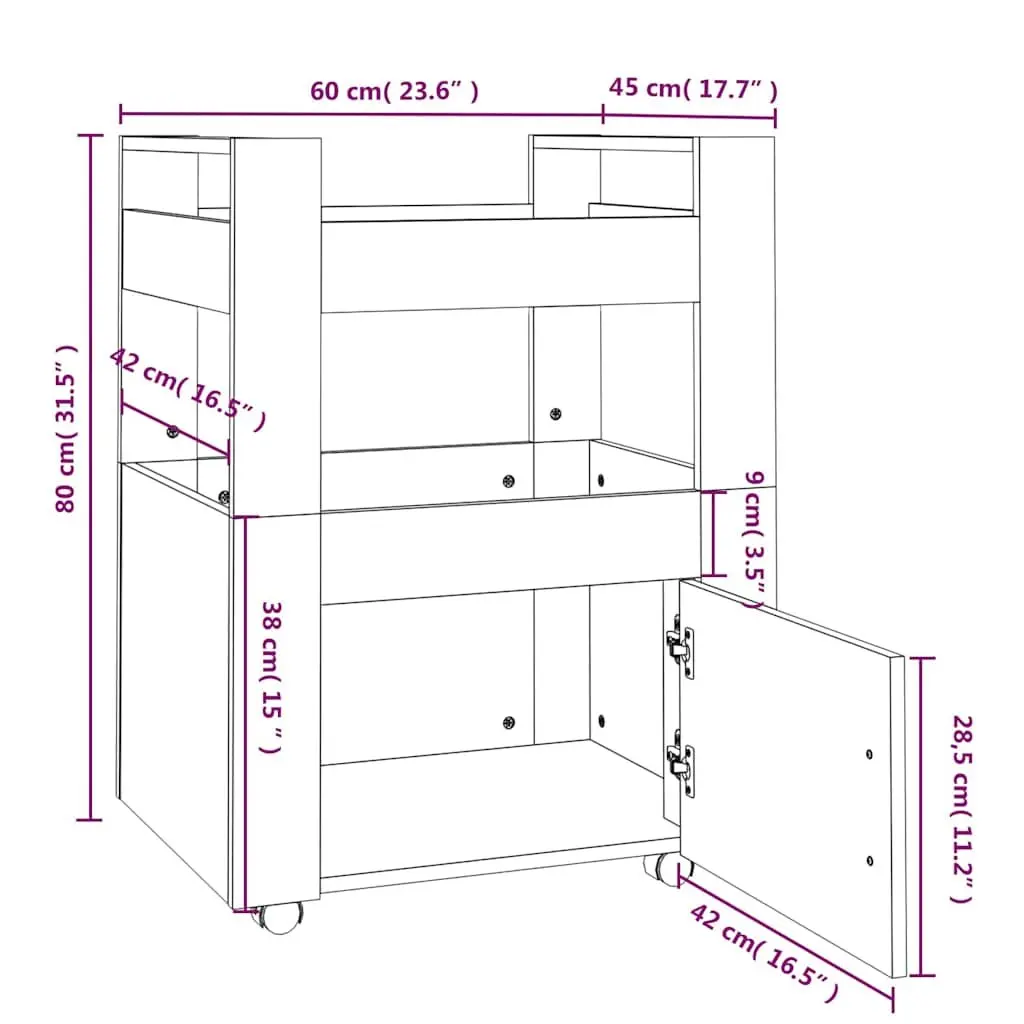 Kitchen Trolley White Storage Organizer with 2 Shelves and 1 Compartment 60x45x80 cm