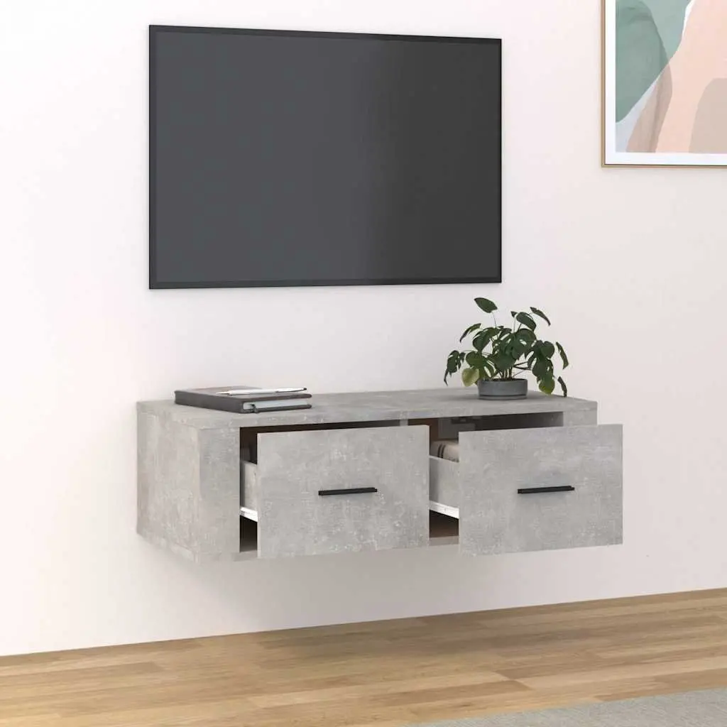Wall-Mounted TV Cabinet Grey Engineered Wood 80x36x25 cm with 2 Storage Drawers
