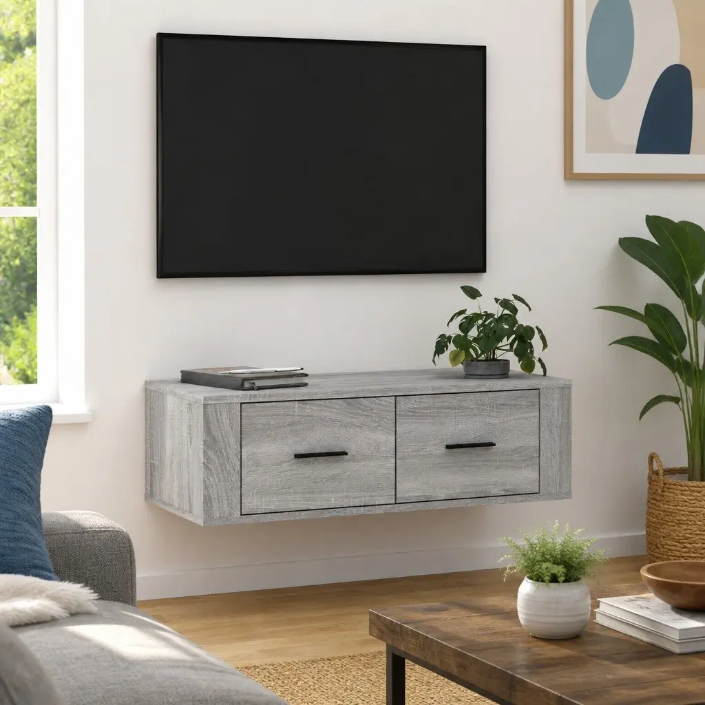 Hanging TV Cabinet Grey Sonoma Wall-Mounted Media Storage Unit Engineered Wood 80 x 36 x 25 cm