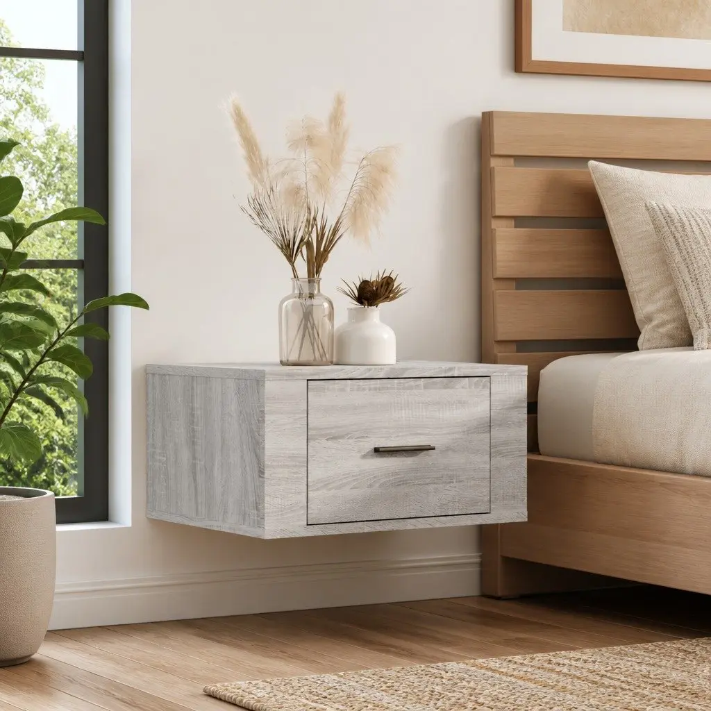Wall-mounted Bedside Cabinet Grey Sonoma Floating Storage 50W x 36H x 25D cm