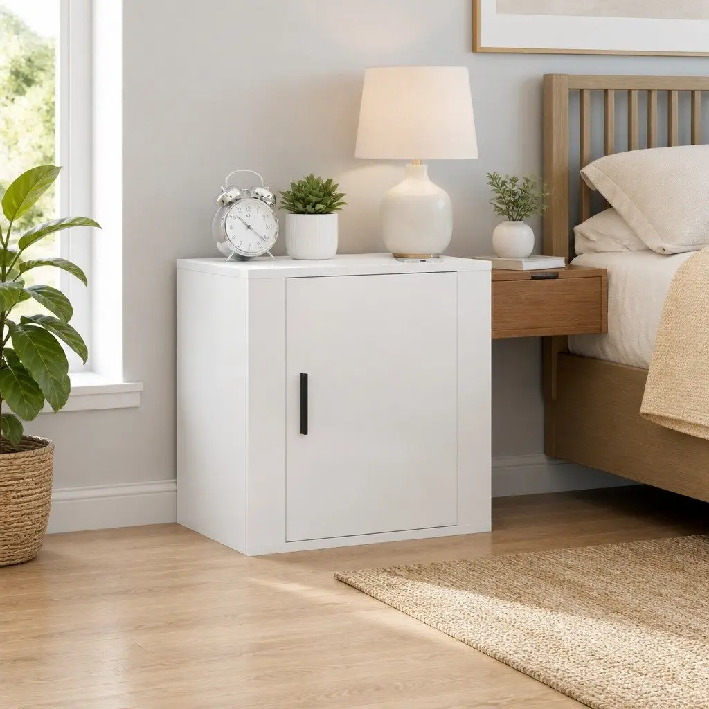 Floating Storage Organiser Wall-Mounted Bedside Cabinet High Gloss White 50W x 30D x 47H cm