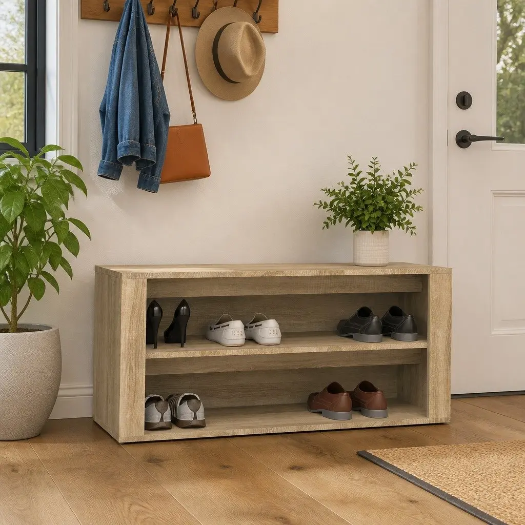 Shoe Organiser Brown Engineered Wood 2 Compartment Storage Rack for Home Use