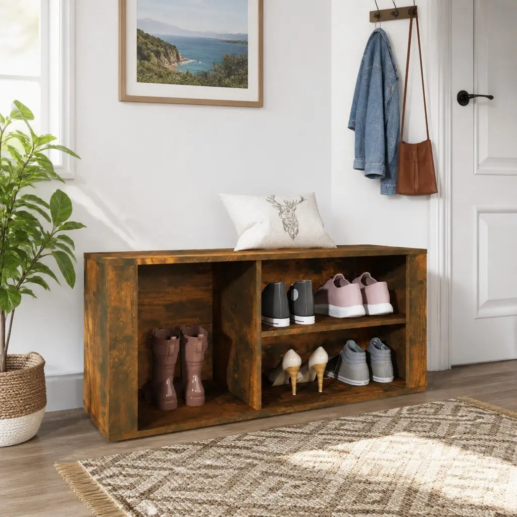 Shoe Cabinet Organiser Brown Engineered Wood Hall Entryway Rack Bench 100 x 35 x 45 cm