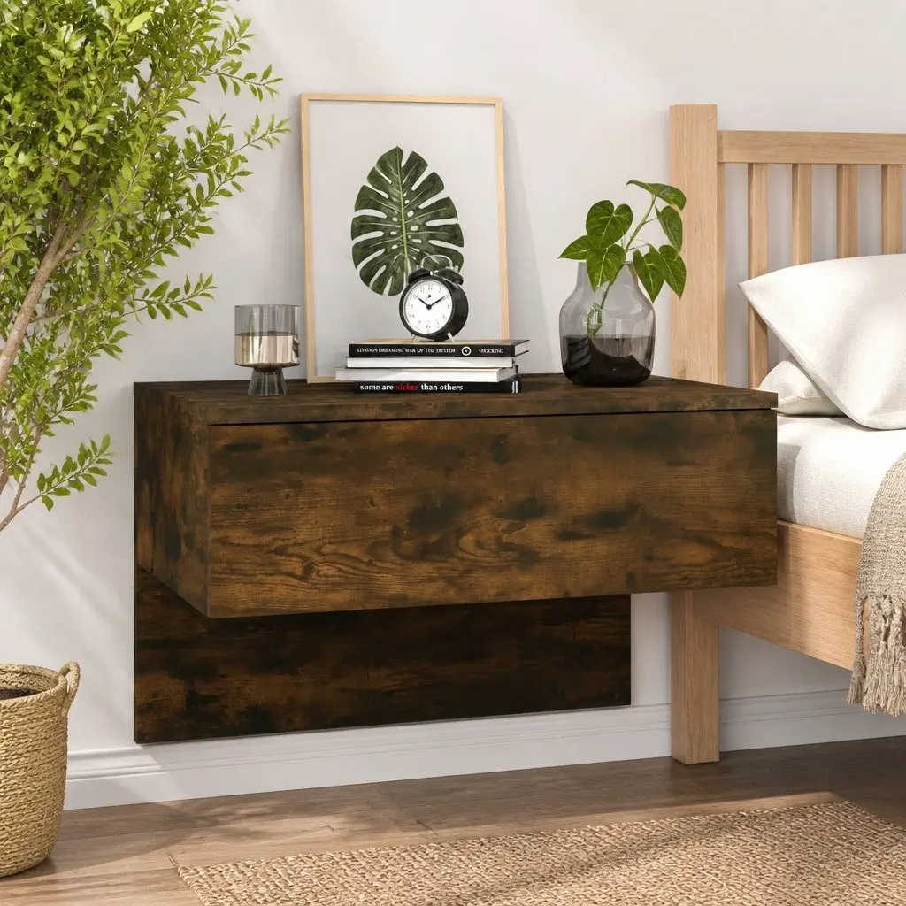Floating Bedside Cabinet Smoked Oak Wall-mounted Storage Unit Bedroom