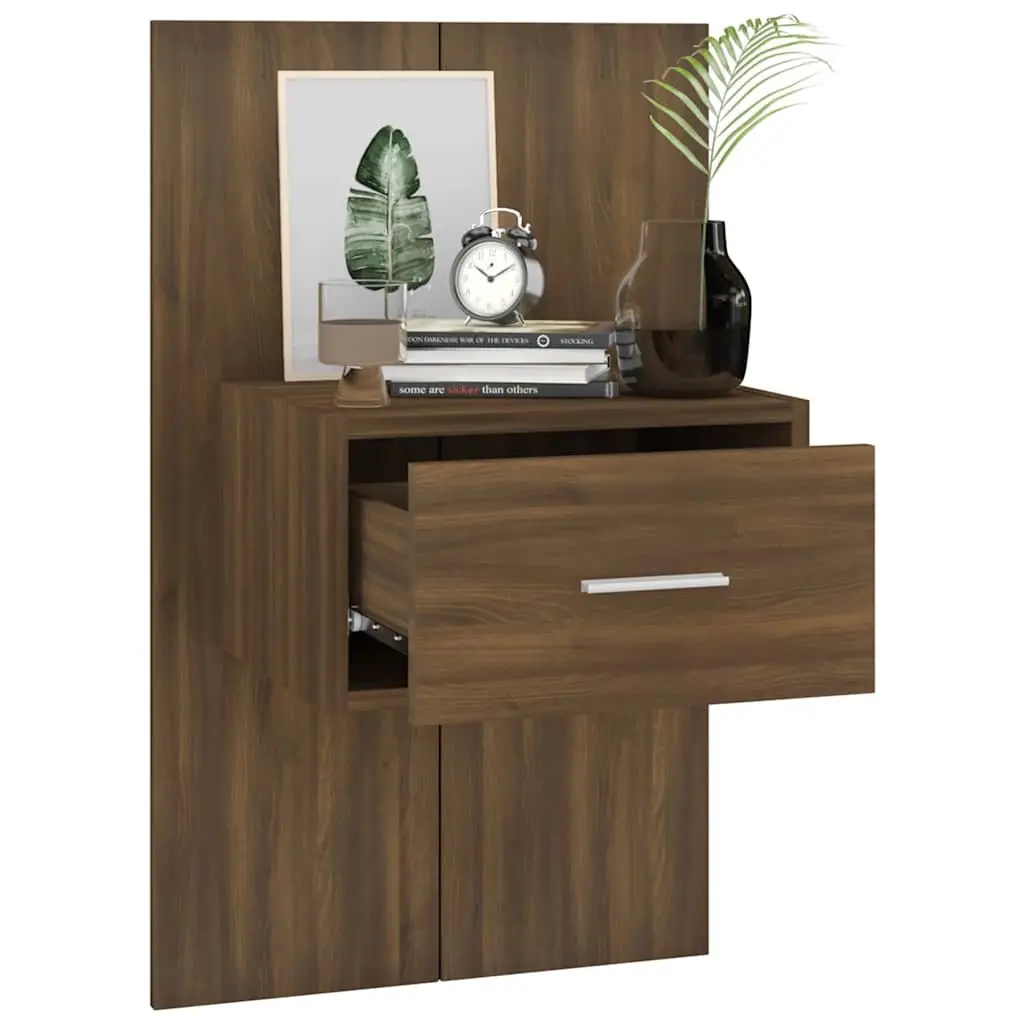 Wall-Mounted Bedside Cabinets in Brown Oak