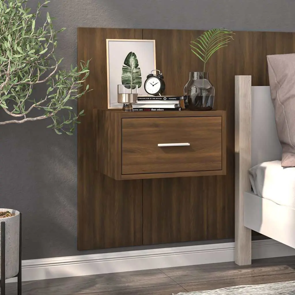 Wall-Mounted Bedside Cabinets in Brown Oak
