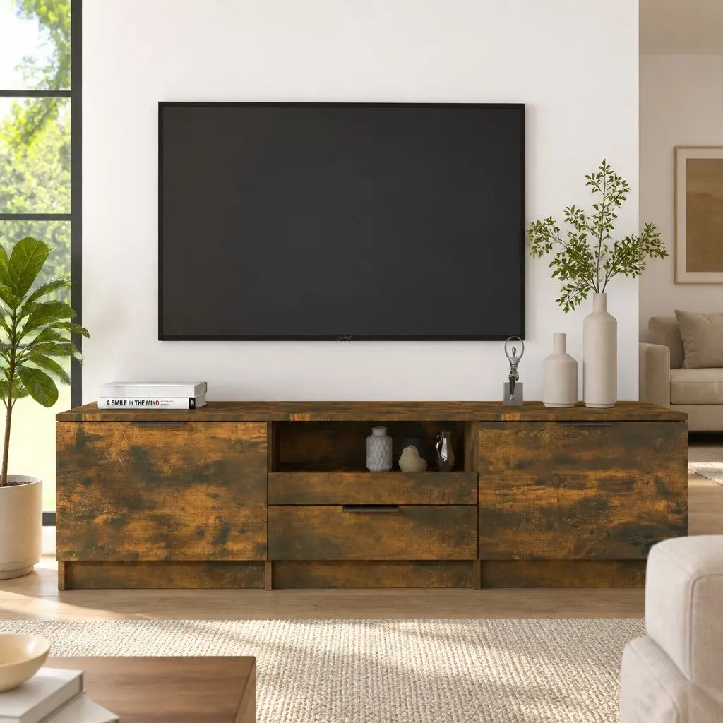 TV Cabinet Unit Brown Engineered Wood Three Storage Compartments One Drawer 140 x 35 x 40 cm