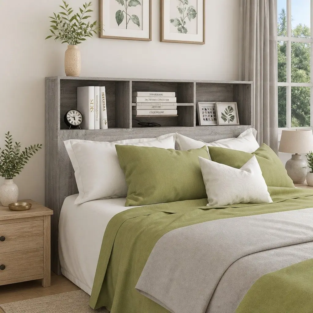 Headboard Cabinet Grey Wall-Mounted 140 cm Bedroom Storage Compartments