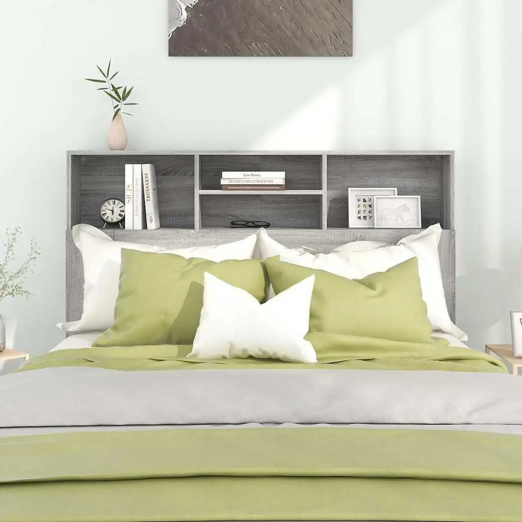 Headboard Cabinet Grey Wall-Mounted 140 cm Bedroom Storage Compartments