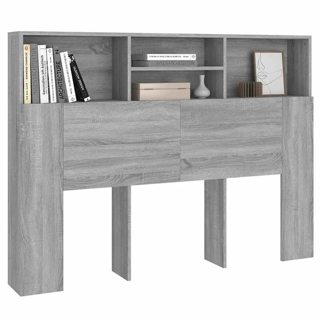 Headboard Cabinet Grey Wall-Mounted 140 cm Bedroom Storage Compartments