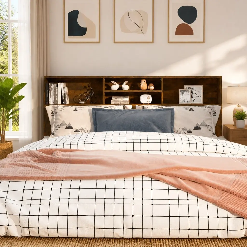 Headboard Cabinet Brown Wall-Mounted Storage Bookcase Bedroom Furniture 180cm