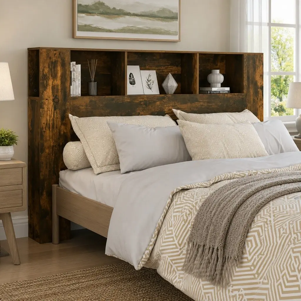 Headboard Cabinet Brown Smoked Oak 160cm Bedroom Storage Furniture
