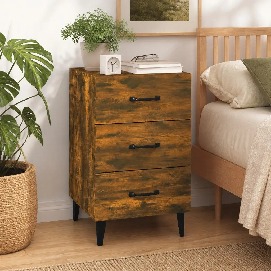 Bedside Cabinet Brown Engineered Wood 3 Drawers Nightstand Storage Table
