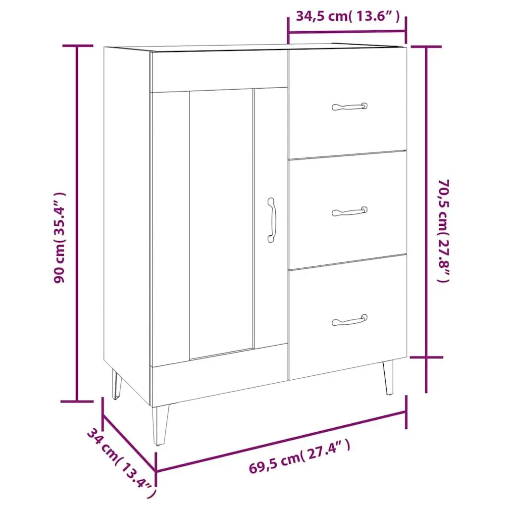 Engineered Wood Sideboard Storage Cabinet with Multiple Compartments Brown 69.5x34x90cm for Living Room